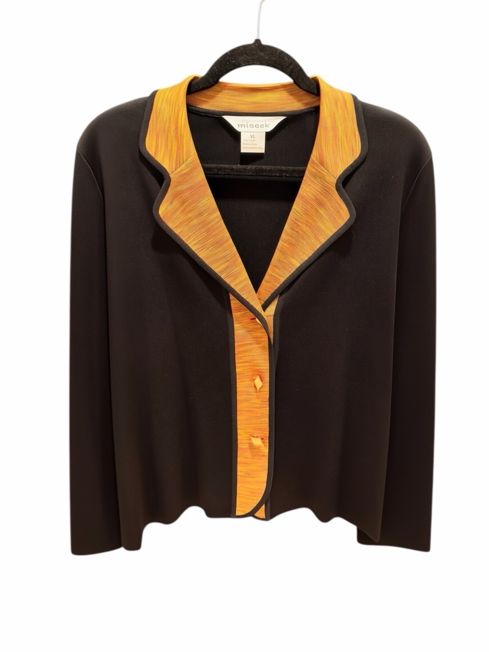 Vintage Misook Black Orange Multicolor Trim Knit Jacket Cardigan XL